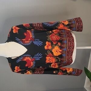 Rachel Zoe Black Red and Orange Polyester V-Neck Floral Top - Size XS